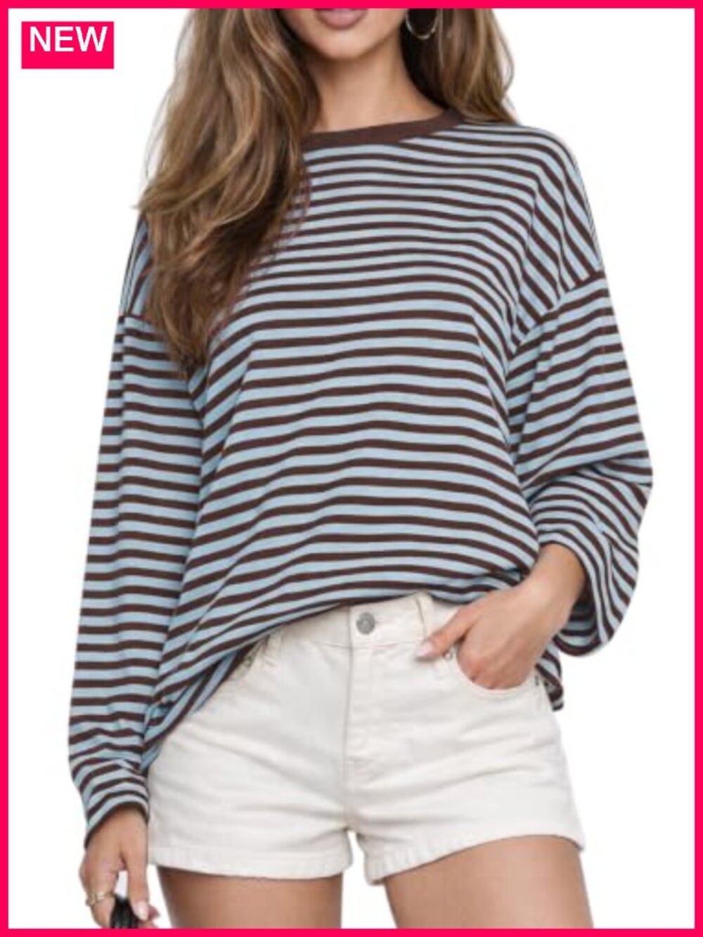 Oversized Striped Long Sleeve T-Shirt Cotton Blend Tee Casual Top
